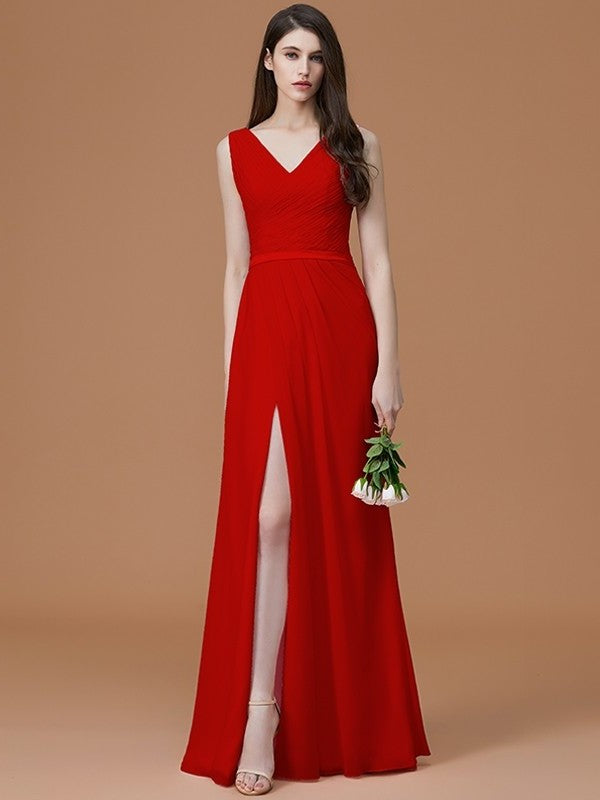 A-Line/Princess V-neck Sleeveless Floor-Length Ruched Chiffon Bridesmaid Dresses DFP0005284