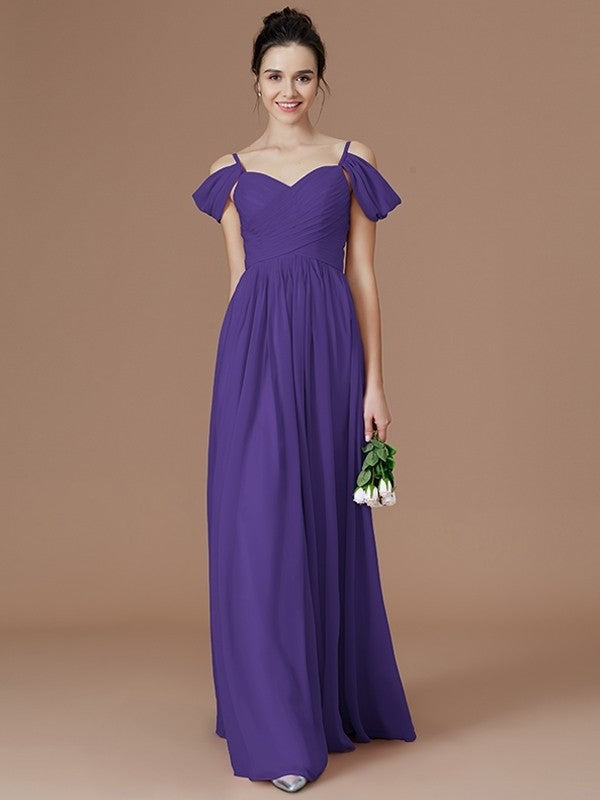 A-Line/Princess Off-the-Shoulder Sleeveless Ruched Floor-Length Chiffon Bridesmaid Dresses DFP0005324