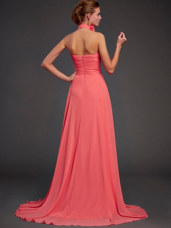 A-Line/Princess Halter Sleeveless Hand-Made Flower Long Chiffon Bridesmaid Dresses DFP0004909