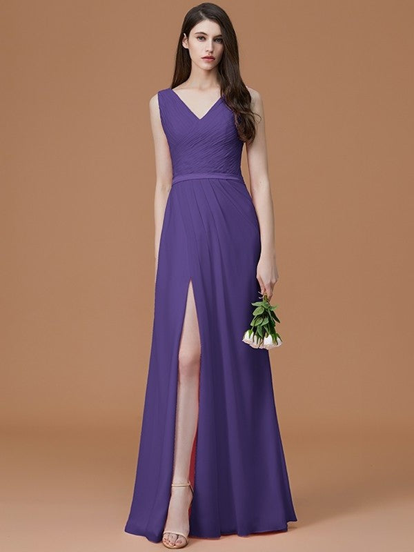 A-Line/Princess V-neck Sleeveless Floor-Length Ruched Chiffon Bridesmaid Dresses DFP0005284