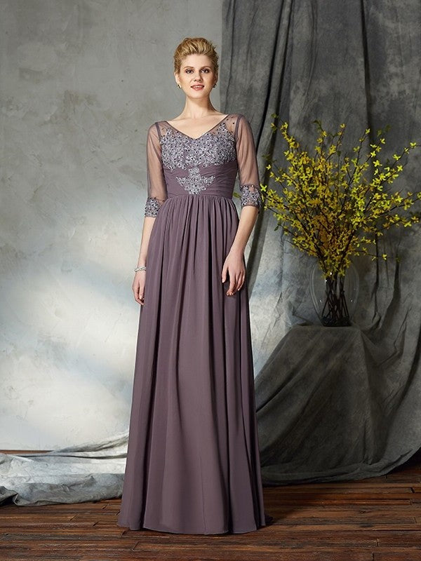 A-Line/Princess V-neck 1/2 Sleeves Long Chiffon Mother of the Bride Dresses DFP0007305