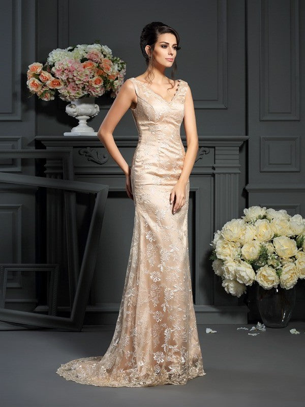 A-Line/Princess V-neck Lace Sleeveless Long Elastic Woven Satin Mother of the Bride Dresses DFP0007061