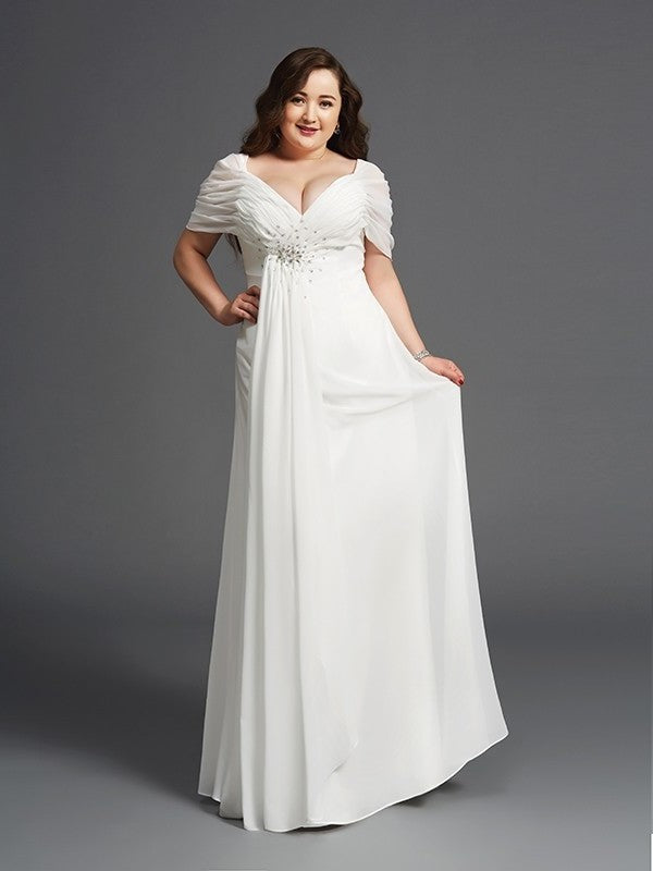 A-Line/Princess Off-the-Shoulder Ruched Short Sleeves Long Chiffon Plus Size Dresses DFP0001920