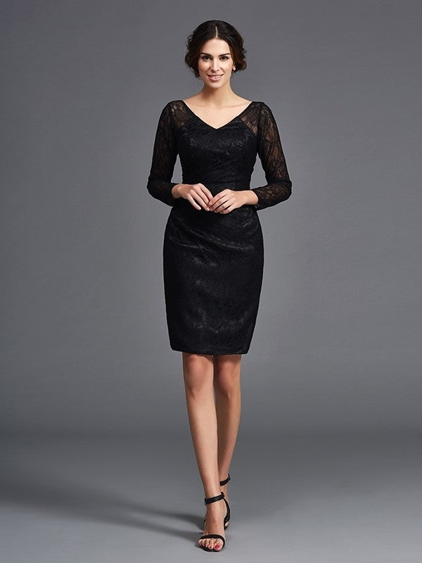 Sheath/Column V-neck Lace Long Sleeves Short Elastic Woven Satin Mother of the Bride Dresses DFP0007400