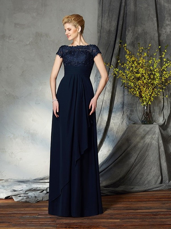 A-Line/Princess Bateau Applique Short Sleeves Long Chiffon Mother of the Bride Dresses DFP0007264