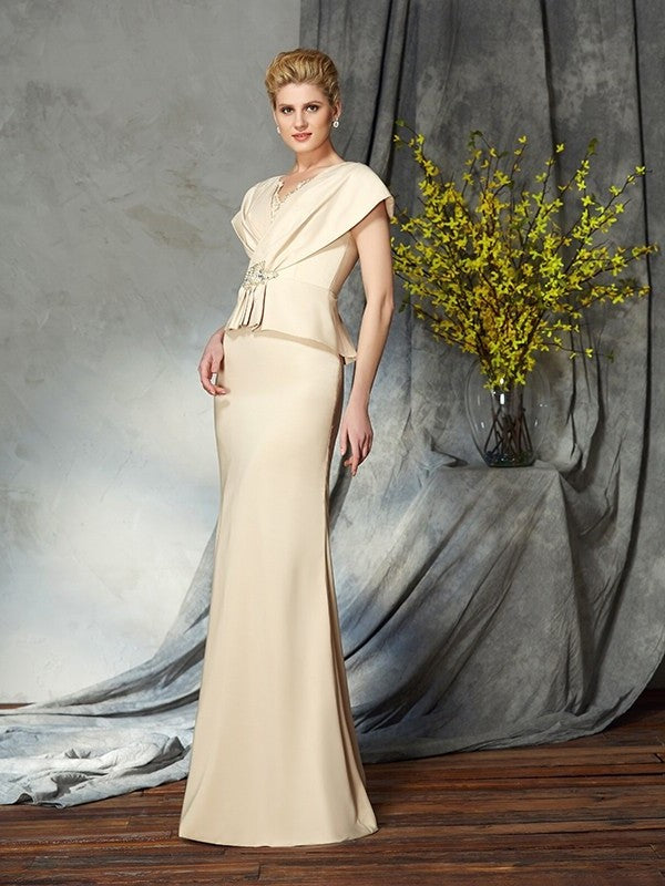 Sheath/Column V-neck Beading Short Sleeves Long Silk like Satin Mother of the Bride Dresses DFP0007271