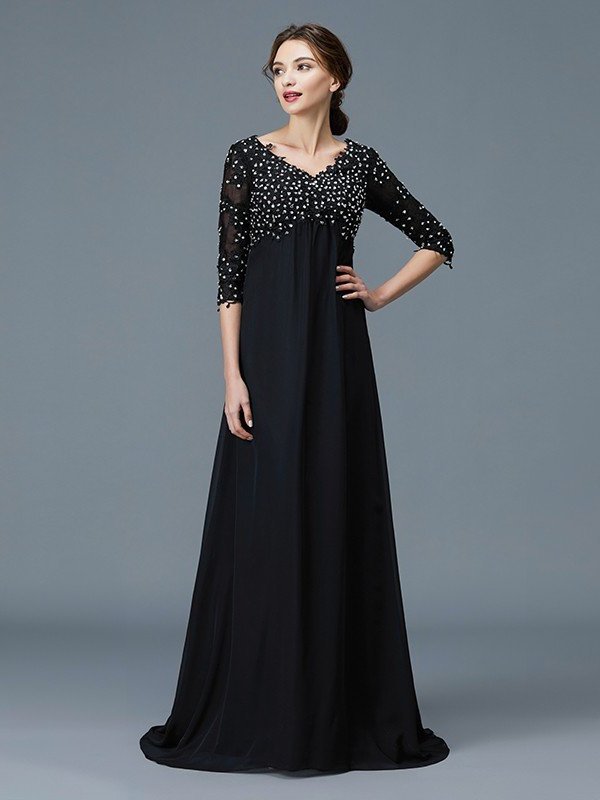 A-Line/Princess V-neck 1/2 Sleeves Beading Chiffon Floor-Length Mother of the Bride Dresses DFP0007218