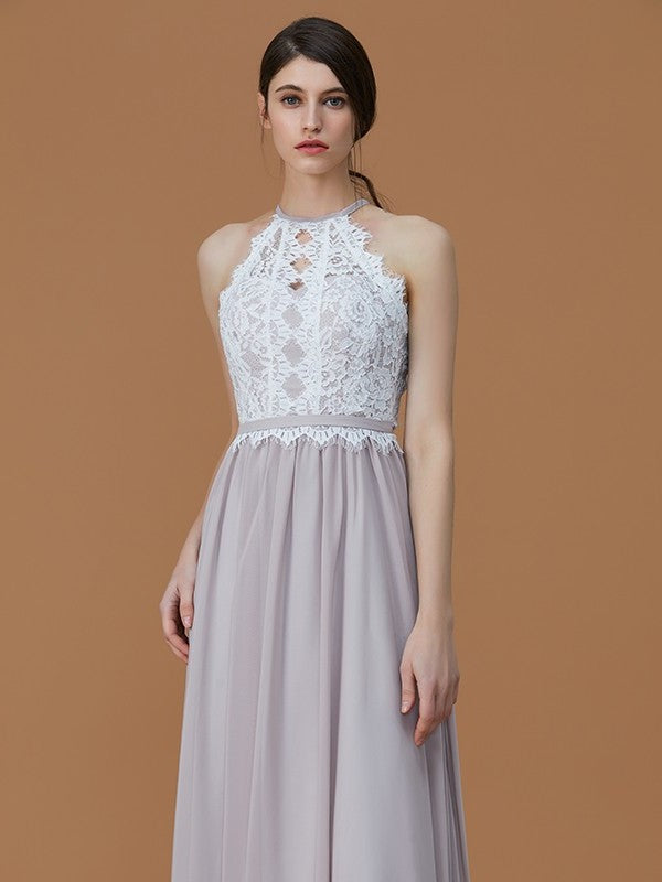 A-Line/Princess Halter Sleeveless Floor-Length Lace Chiffon Bridesmaid Dresses DFP0005137