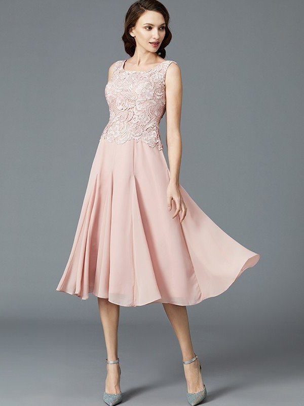 A-Line/Princess Sleeveless Scoop Tea-Length Chiffon Mother of the Bride Dresses DFP0007160