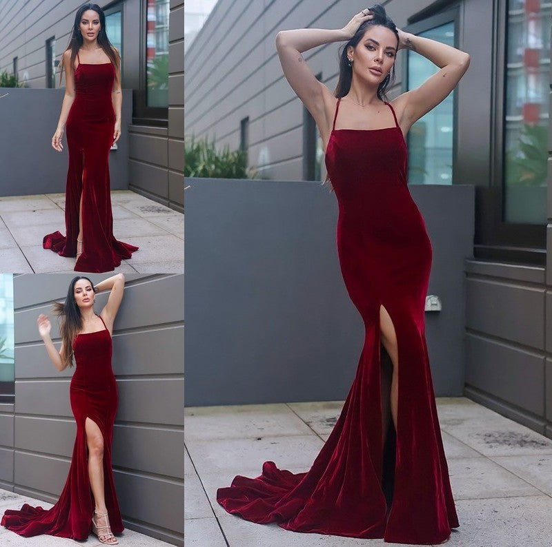 Sheath/Column Velvet Ruched Spaghetti Straps Sleeveless Sweep/Brush Train Dresses DFP0001639