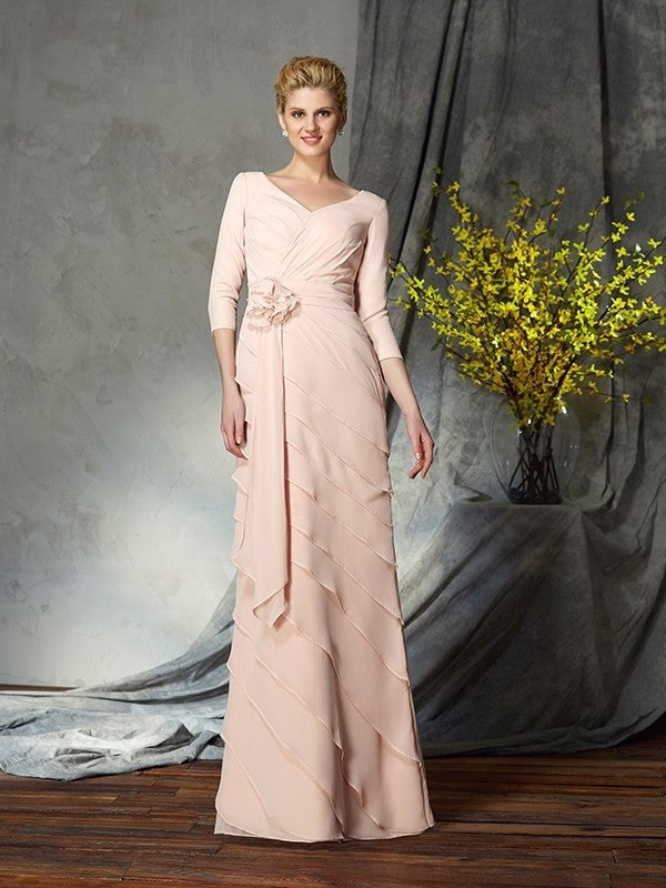 Sheath/Column V-neck Hand-Made Flower 3/4 Sleeves Long Chiffon Mother of the Bride Dresses DFP0007053