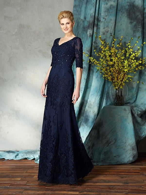 Sheath/Column V-neck Applique 1/2 Sleeves Long Satin Mother of the Bride Dresses DFP0007116