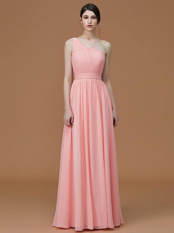 A-Line/Princess One-Shoulder Sleeveless Floor-Length Ruched Chiffon Bridesmaid Dresses DFP0005701