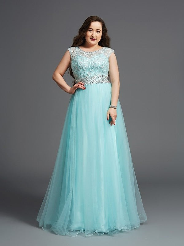 A-Line/Princess Scoop Rhinestone Sleeveless Long Tulle Plus Size Dresses DFP0002521