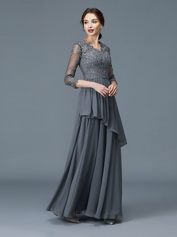 A-Line/Princess V-neck 3/4 Sleeves Ruffles Chiffon Floor-Length Mother of the Bride Dresses DFP0007295