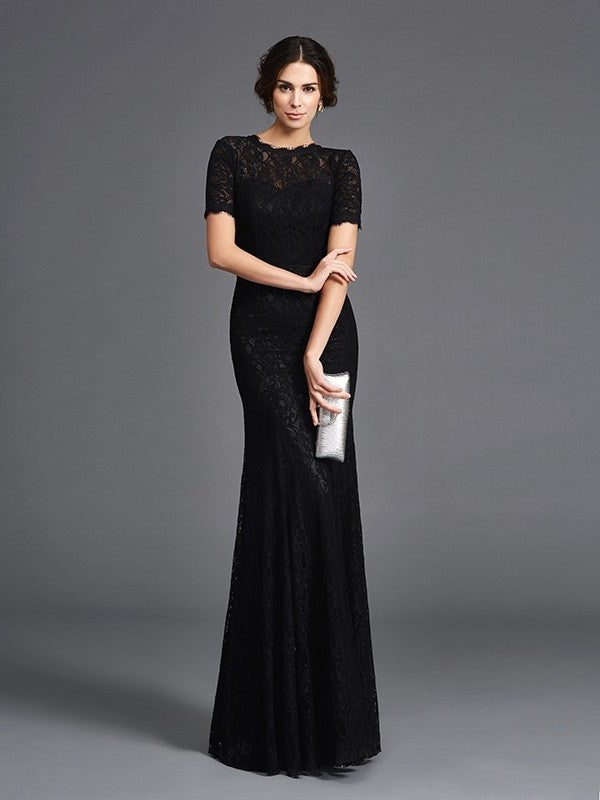 Sheath/Column Jewel Lace Short Sleeves Long Elastic Woven Satin Mother of the Bride Dresses DFP0007142