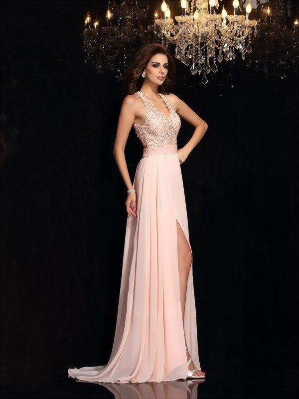 A-Line/Princess Halter Lace Sleeveless Long Chiffon Dresses DFP0001882