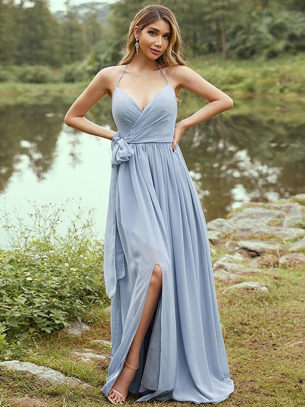 A-Line/Princess Chiffon Ruffles V-neck Sleeveless Sweep/Brush Train Bridesmaid Dresses DFP0004979