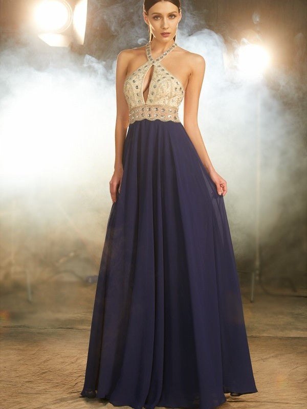 A-Line/Princess Sleeveless Straps Beading Chiffon Floor-Length Dresses DFP0002879