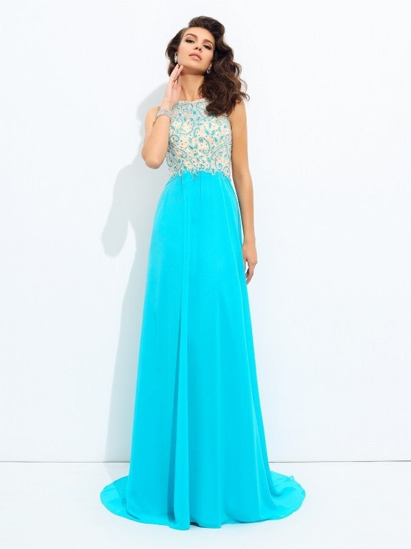 A-line/Princess Scoop Beading Sleeveless Long Chiffon Dresses DFP0003077