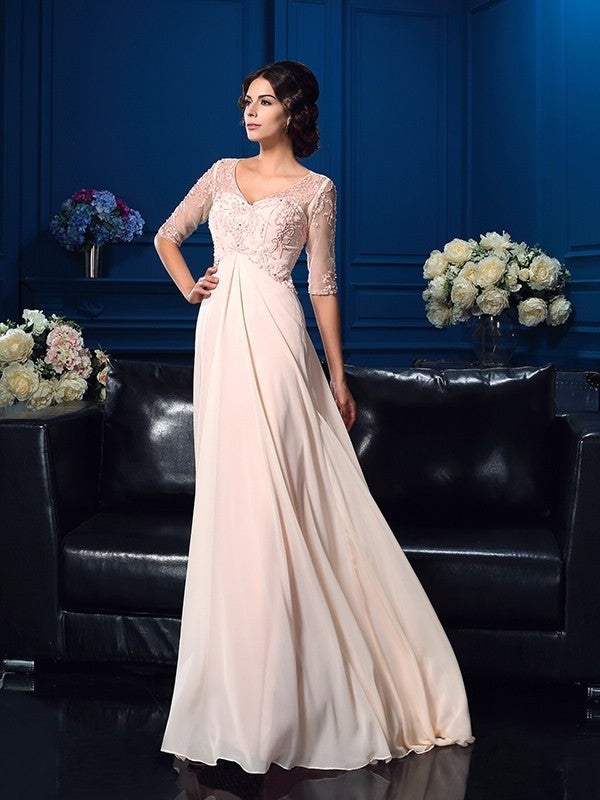 A-Line/Princess V-neck Beading 1/2 Sleeves Long Chiffon Mother of the Bride Dresses DFP0007115