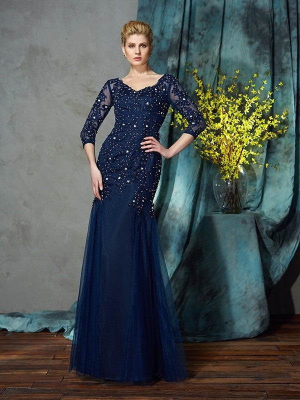 Sheath/Column V-neck Applique 3/4 Sleeves Long Net Mother of the Bride Dresses DFP0007185