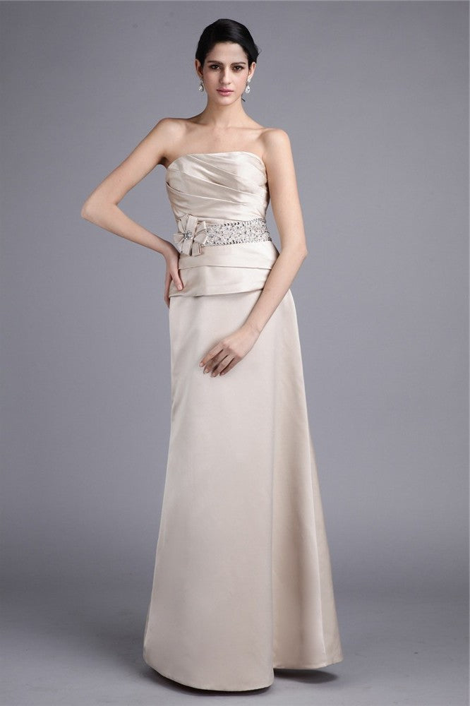 Sheath/Column Strapless Beading Hand-Made Flower Elastic Woven Satin Mother of the Bride Dresses DFP0007324