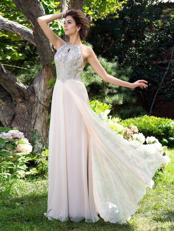 A-Line/Princess Spaghetti Straps Beading Sleeveless Long Chiffon Dresses DFP0002120