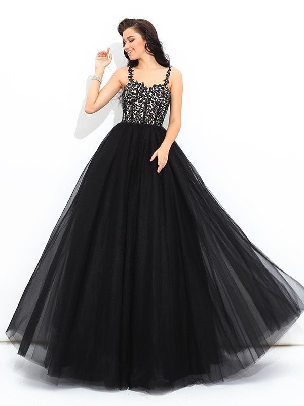 Ball Gown Straps Applique Sleeveless Long Net Quinceanera Dresses DFP0002196