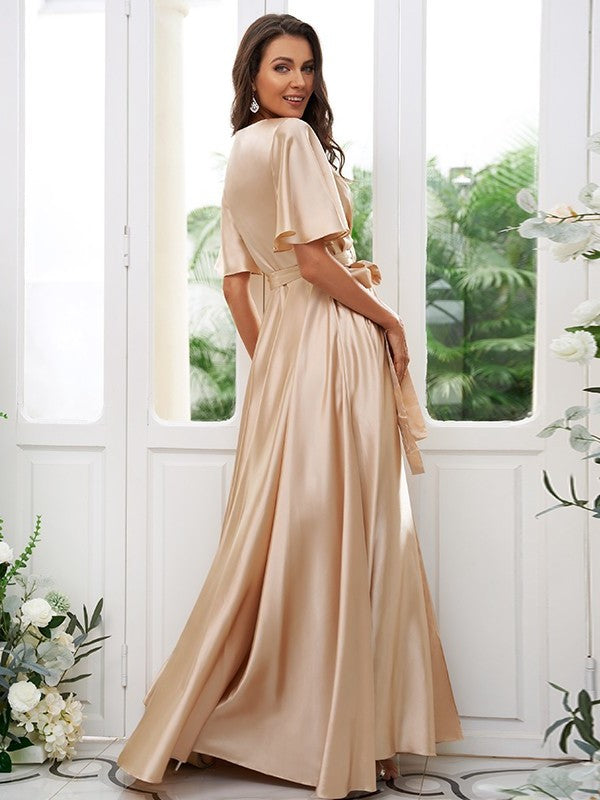 A-Line/Princess Silk like Satin Sash/Ribbon/Belt V-neck Short Sleeves Floor-Length Bridesmaid Dresses DFP0004897