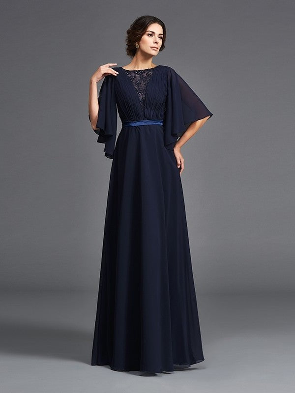 A-Line/Princess Scoop Beading 1/2 Sleeves Long Chiffon Mother of the Bride Dresses DFP0007348