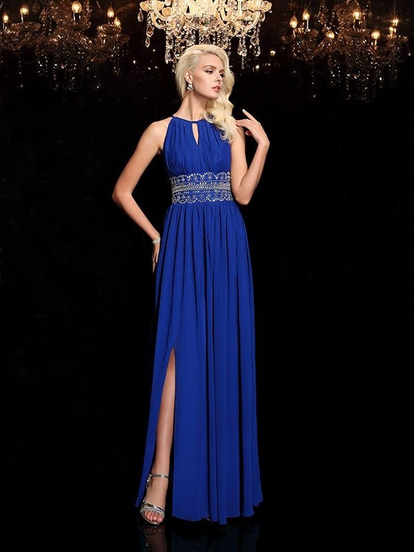 A-line/Princess Jewel Beading Sleeveless Long Chiffon Dresses DFP0003108