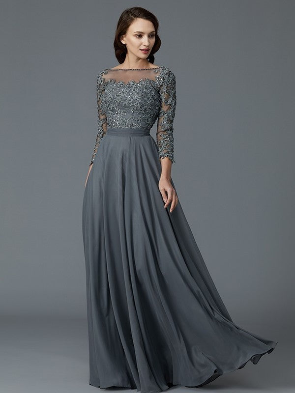 A-Line/Princess 3/4 Sleeves Bateau Floor-Length Chiffon Mother of the Bride Dresses DFP0007092