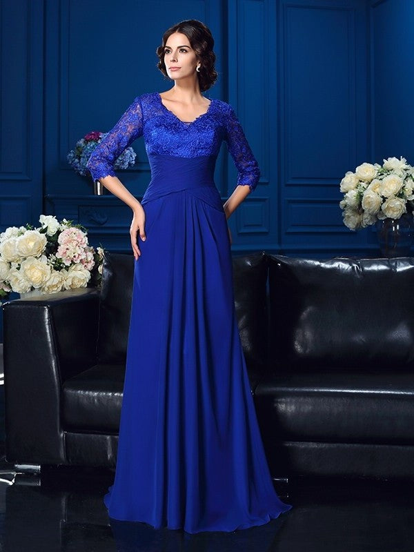 A-Line/Princess V-neck Applique 3/4 Sleeves Long Chiffon Mother of the Bride Dresses DFP0007278