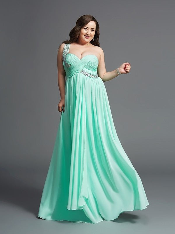 A-Line/Princess One-Shoulder Rhinestone Sleeveless Long Chiffon Plus Size Dresses DFP0003742