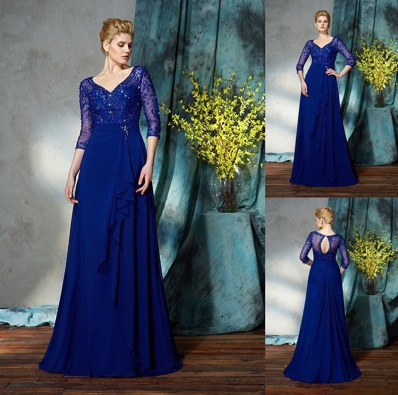 A-Line/Princess V-neck Sequin 3/4 Sleeves Long Chiffon Mother of the Bride Dresses DFP0007197