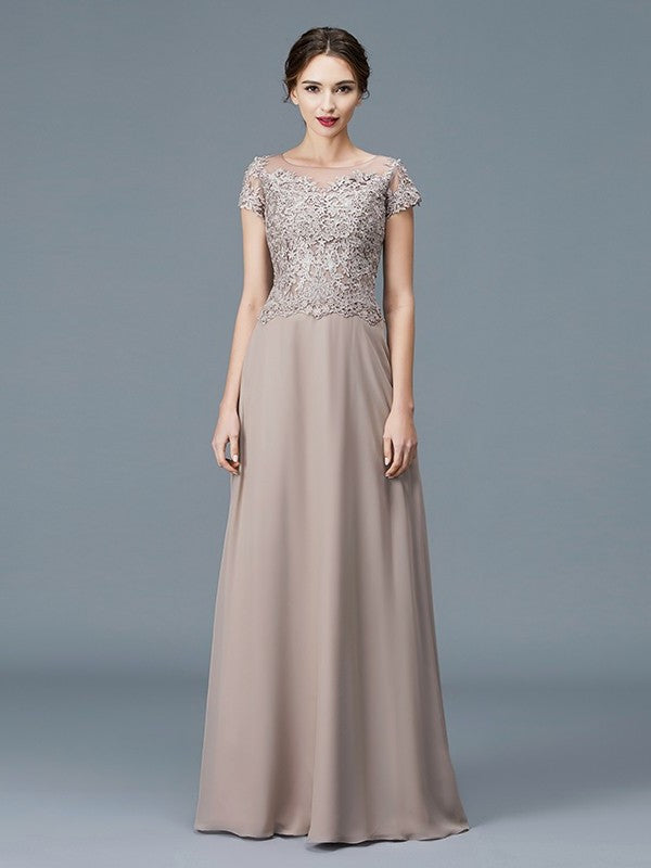 A-Line/Princess Scoop Short Sleeves Applique Floor-Length Chiffon Mother of the Bride Dresses DFP0007275