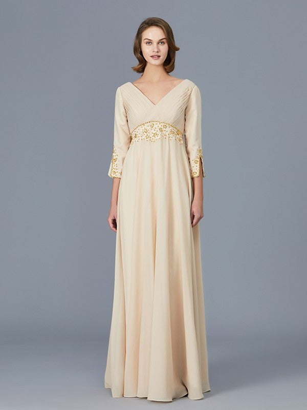 A-Line/Princess V-neck Ruffles Chiffon Floor-Length Mother of the Bride Dresses DFP0007385