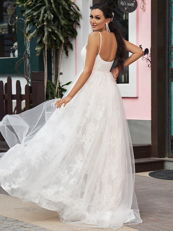 A-Line/Princess Lace Ruffles Spaghetti Straps Sleeveless Sweep/Brush Train Wedding Dresses DFP0006402