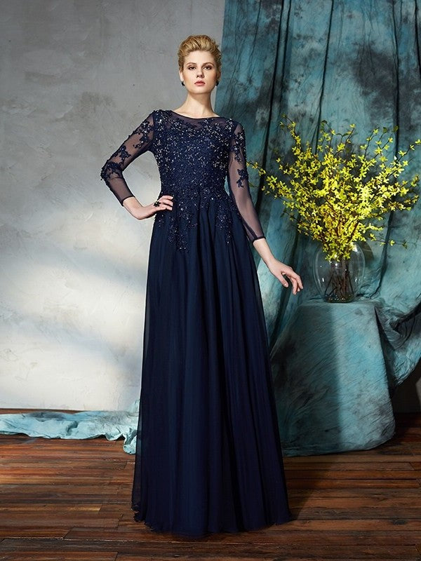 A-Line/Princess Scoop Applique 3/4 Sleeves Long Chiffon Mother of the Bride Dresses DFP0007118