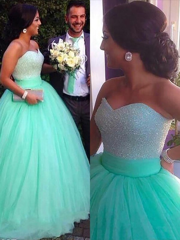 Ball Gown Sleeveless Sweetheart Tulle Sweep/Brush Train Beading Plus Size Dresses DFP0002464