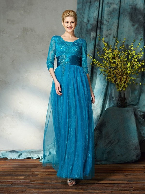 A-Line/Princess V-neck Applique 3/4 Sleeves Long Net Mother of the Bride Dresses DFP0007436