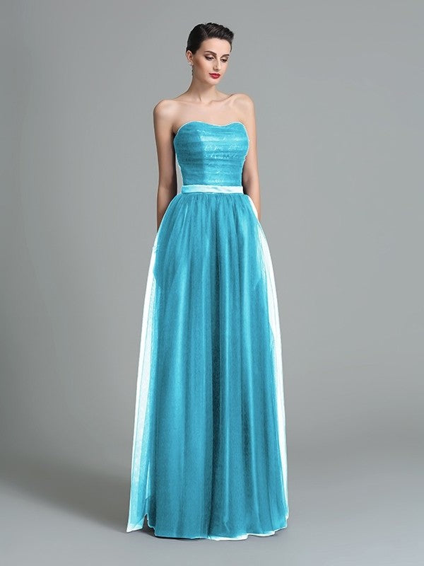 A-Line/Princess Sweetheart Ruffles Sleeveless Long Net Bridesmaid Dresses DFP0005472