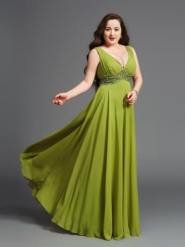 A-Line/Princess Straps Rhinestone Sleeveless Long Chiffon Plus Size Dresses DFP0003333