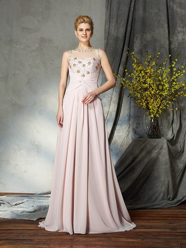 A-Line/Princess Bateau Applique Sleeveless Long Chiffon Mother of the Bride Dresses DFP0007443