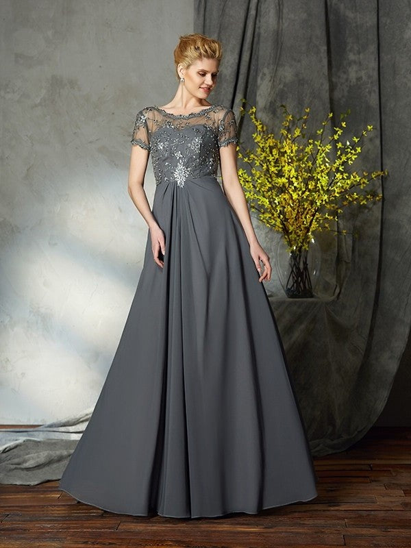 A-Line/Princess Scoop Applique Short Sleeves Long Chiffon Mother of the Bride Dresses DFP0007108