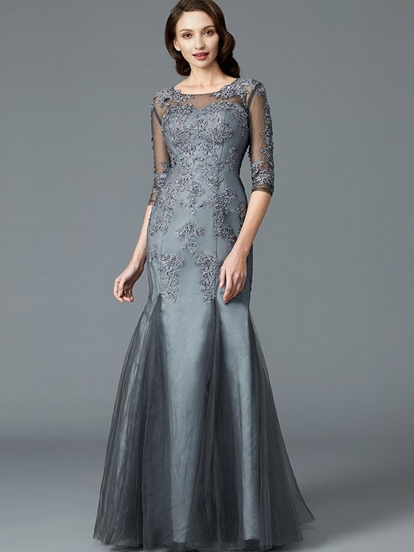 Sheath/Column Scoop Applique 1/2 Sleeves Tulle Floor-Length Mother of the Bride Dresses DFP0007147