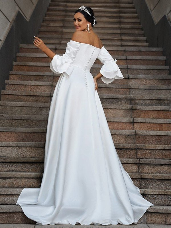 A-Line/Princess Charmeuse Ruffles Off-the-Shoulder 3/4 Sleeves Sweep/Brush Train Wedding Dresses DFP0006367