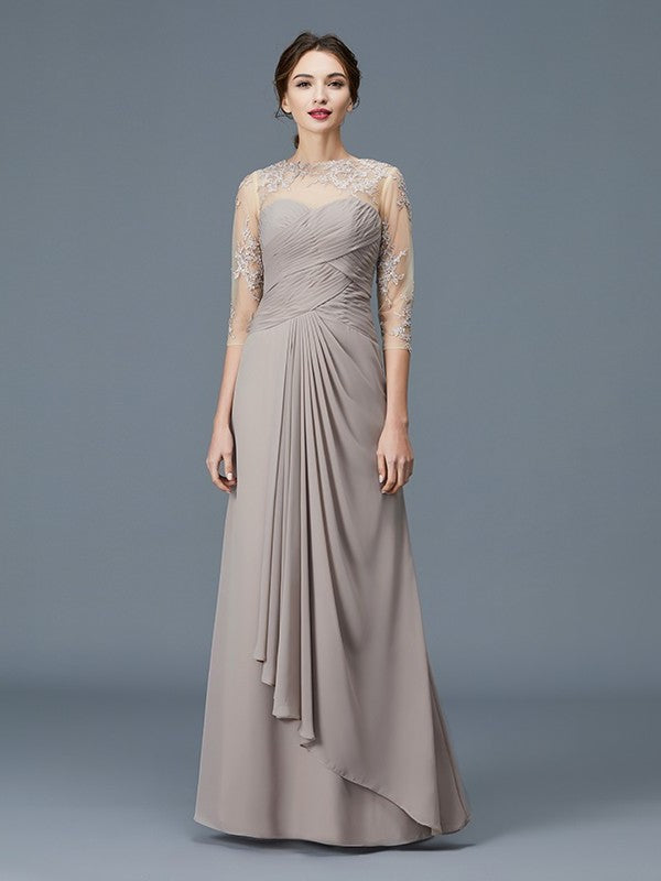 A-Line/Princess Sheer Neck 3/4 Sleeves Ruffles Chiffon Floor-Length Mother of the Bride Dresses DFP0007219