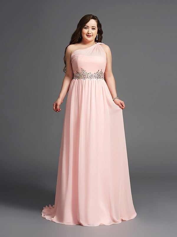 A-Line/Princess One-Shoulder Rhinestone Sleeveless Long Chiffon Plus Size Dresses DFP0002809